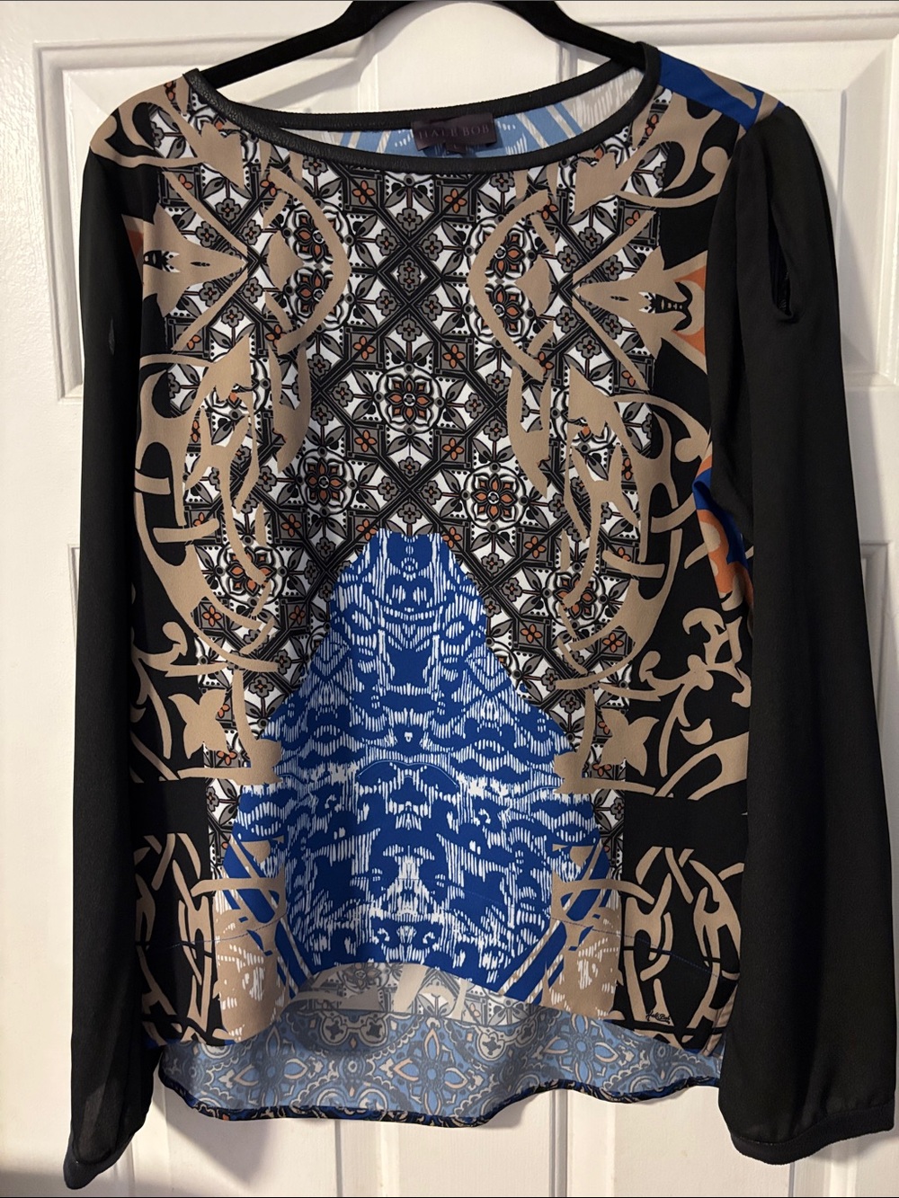 Hale Bob Printed Multicolor Long-Sleeve Blouse - Blue & Black Size Large